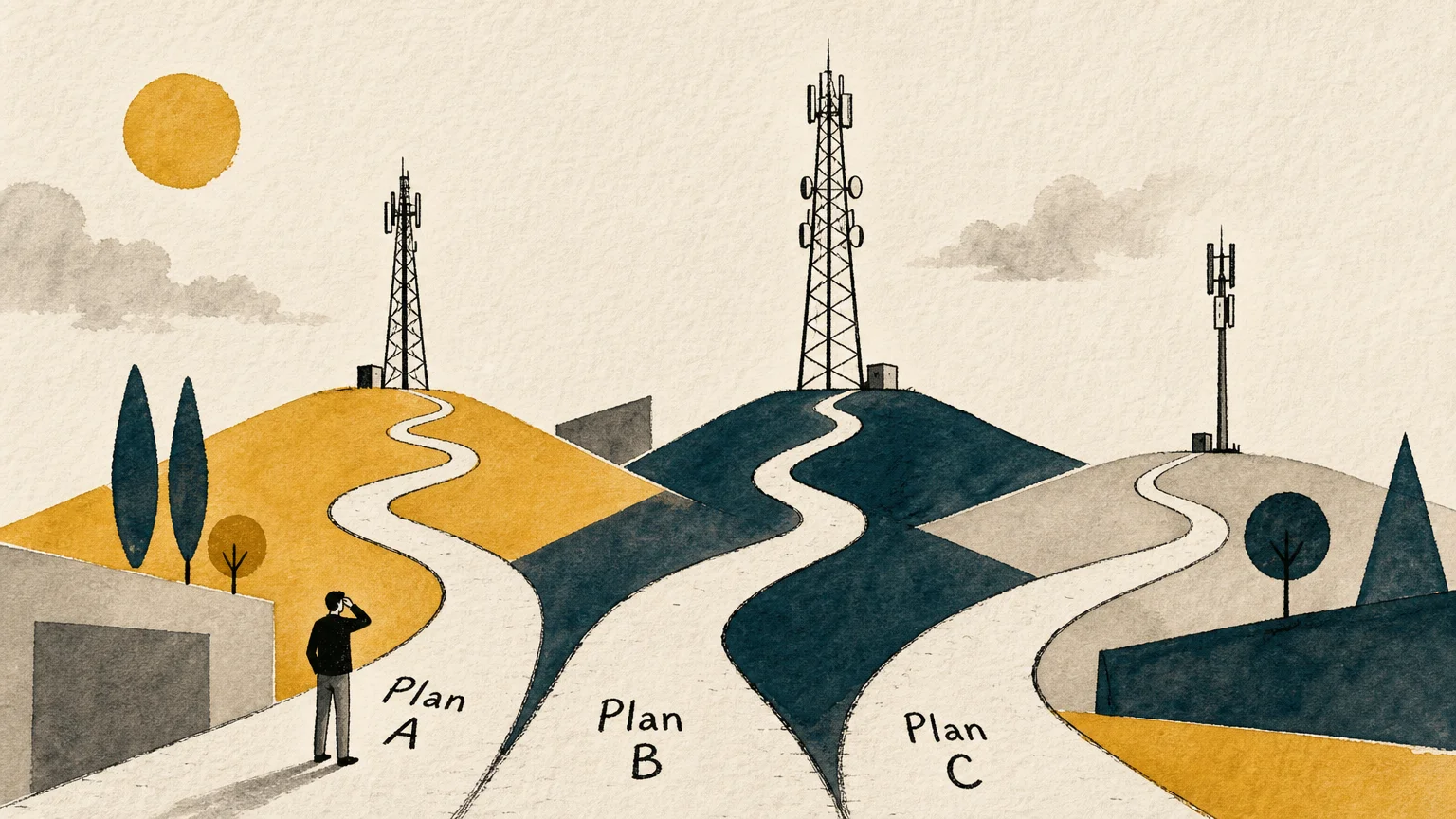 Stylized illustration of three paths leading to different cellular towers, representing the comparison of phone plans.