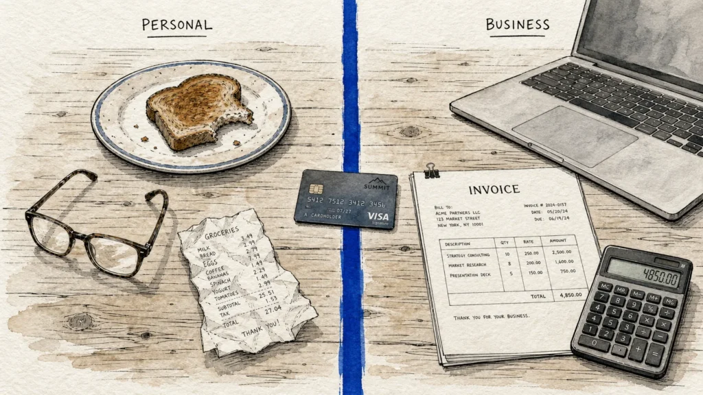 Watercolor illustration of a desk divided by a blue line separating personal items like toast from business items like an invoice.