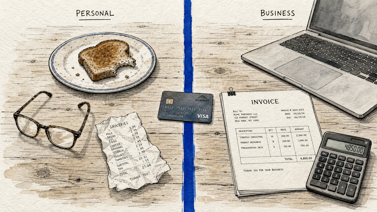 Watercolor illustration of a desk divided by a blue line separating personal items like toast from business items like an invoice.