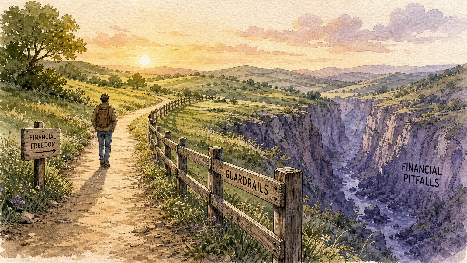 Watercolor illustration of a path winding safely past a steep ravine, protected by a wooden fence representing financial guardrails.