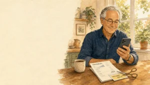 Watercolor illustration of a senior man at a kitchen table looking at his phone, next to a bill with a section cut away.