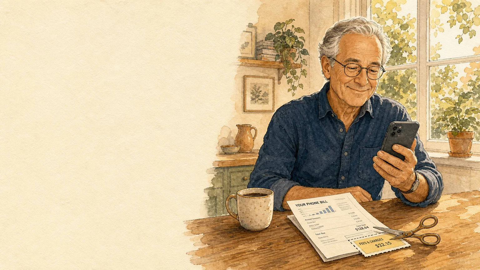 Watercolor illustration of a senior man at a kitchen table looking at his phone, next to a bill with a section cut away.