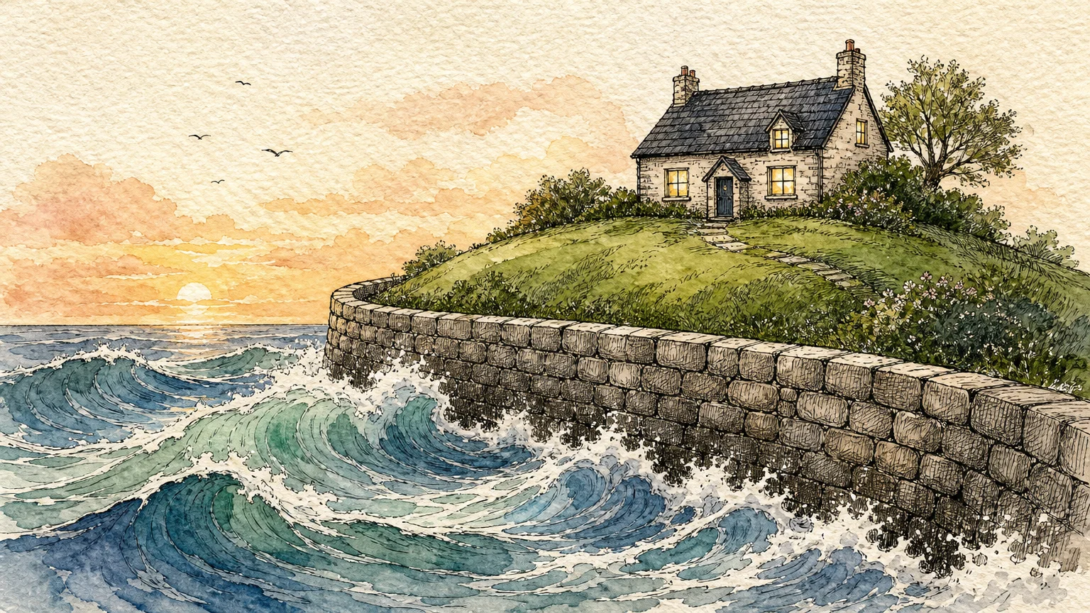 Watercolor illustration of a small cottage protected from stylized waves by a sturdy stone wall, symbolizing fixed income security.