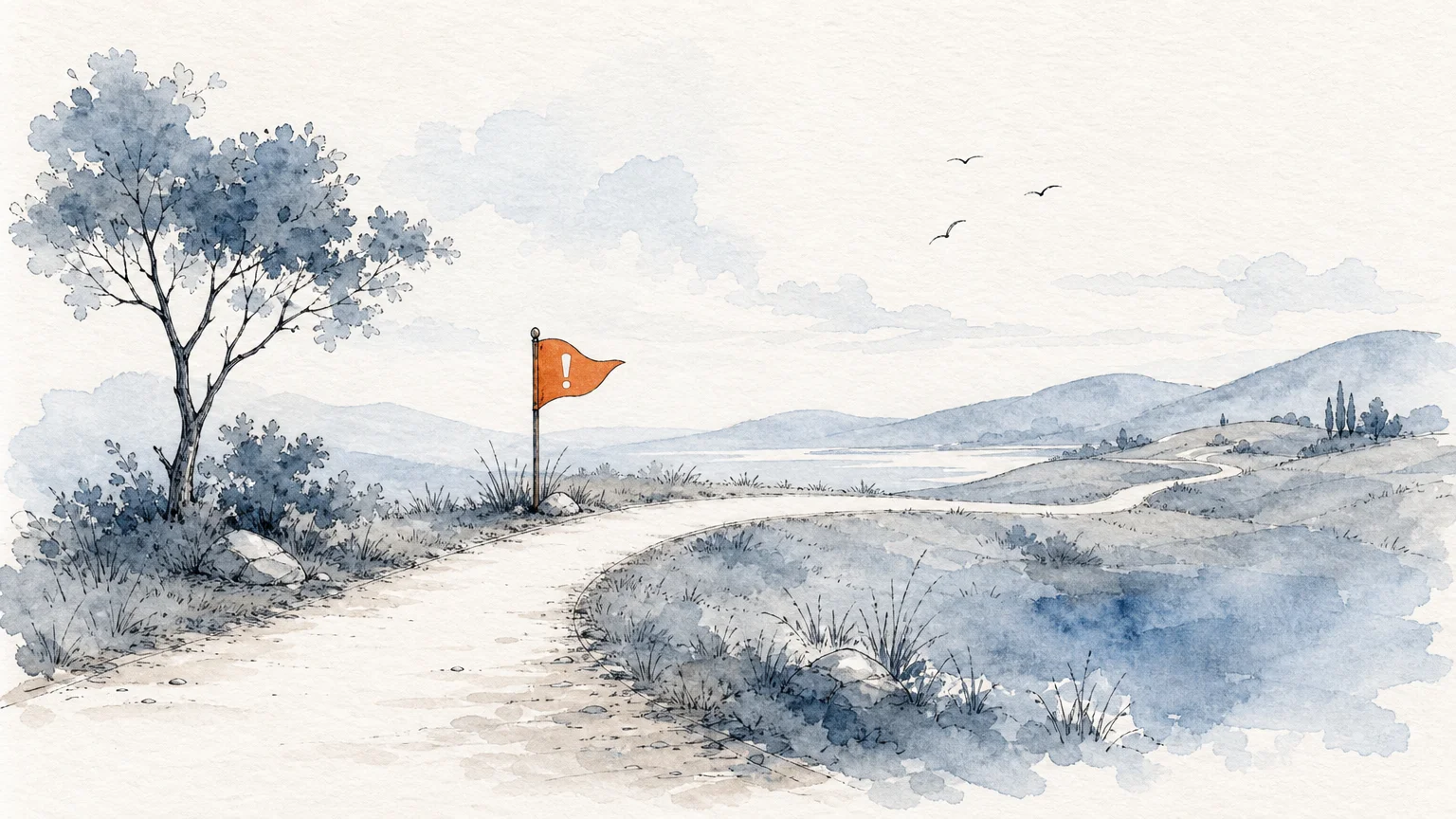 Watercolor illustration of a winding path with a small orange warning flag, representing guidance around pitfalls.