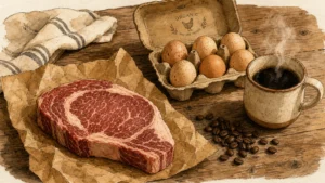 Watercolor illustration of beef, eggs, and a mug of coffee on a rustic wooden table, representing volatile grocery staples.