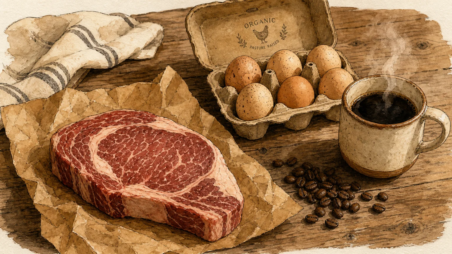 Watercolor illustration of beef, eggs, and a mug of coffee on a rustic wooden table, representing volatile grocery staples.