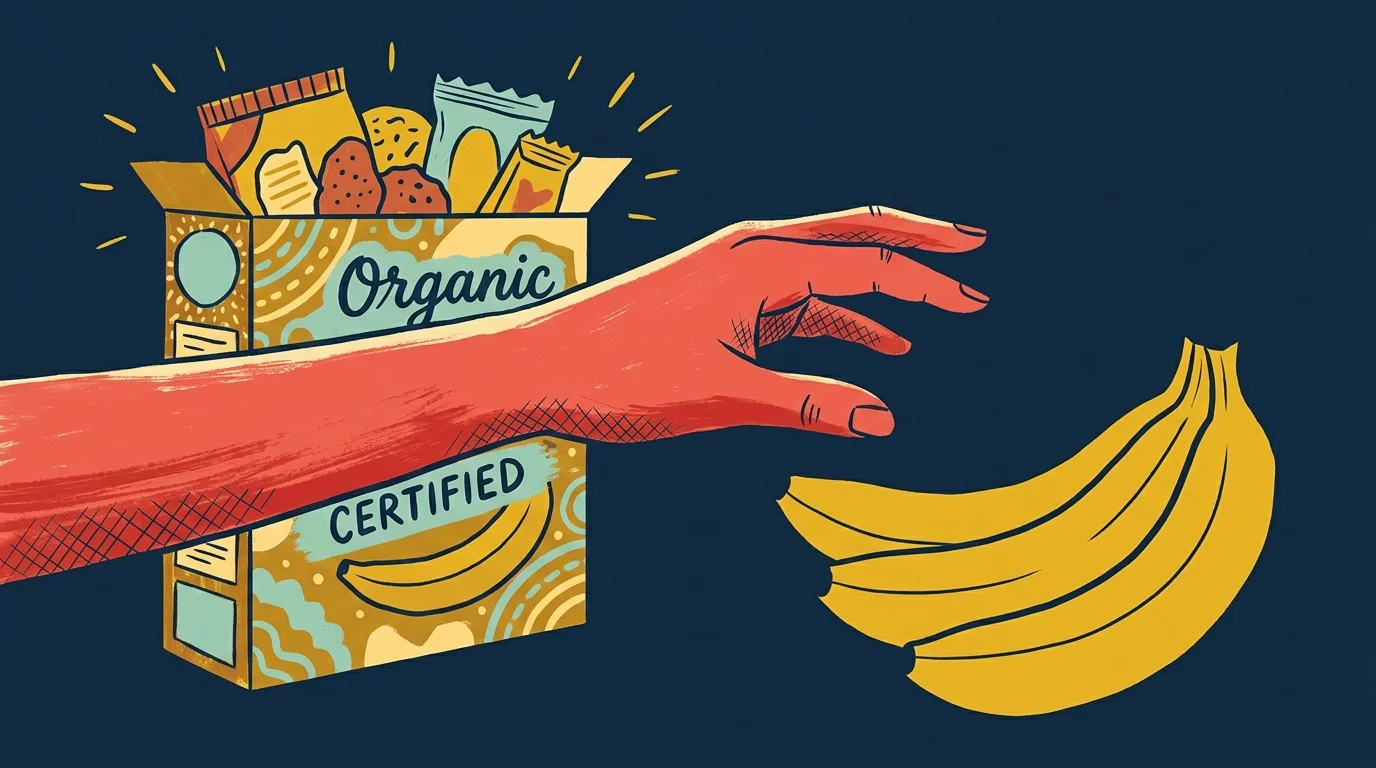 A bold graphic illustration of a hand reaching past a processed organic snack box to choose fresh conventional bananas instead.