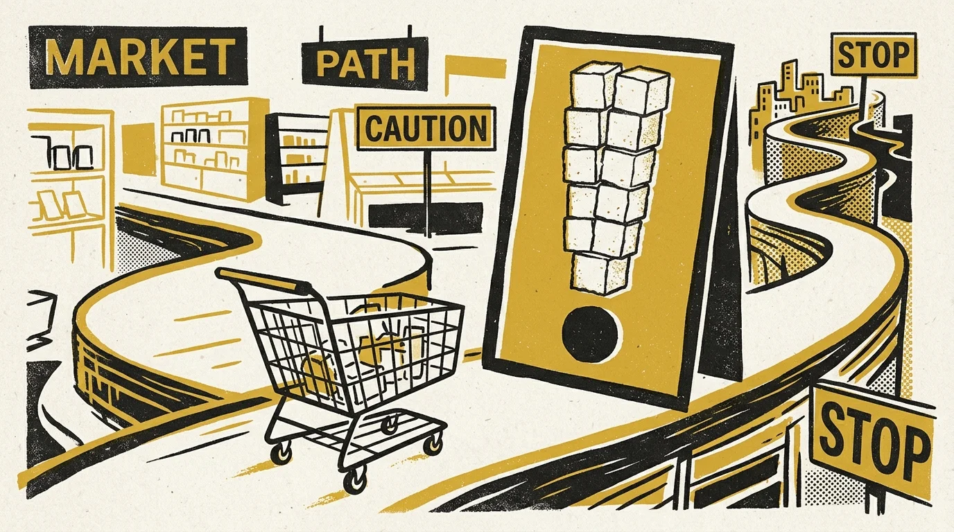 A bold yellow and black screenprint illustration of a shopping cart facing a large warning sign made of sugar cubes.