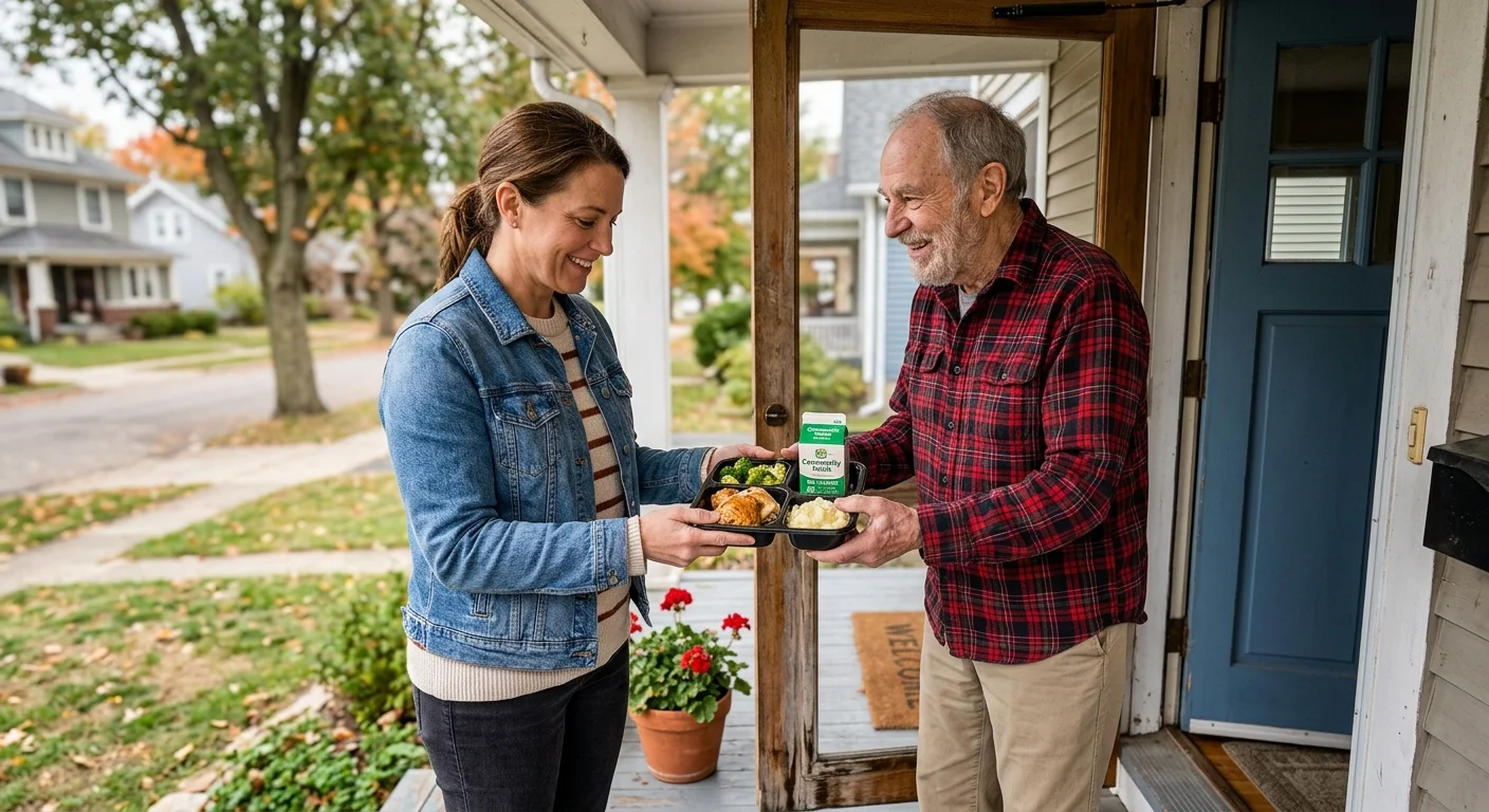 A candid home delivery photo of a volunteer handing a nutritious meal tray to a smiling senior man at his front door.