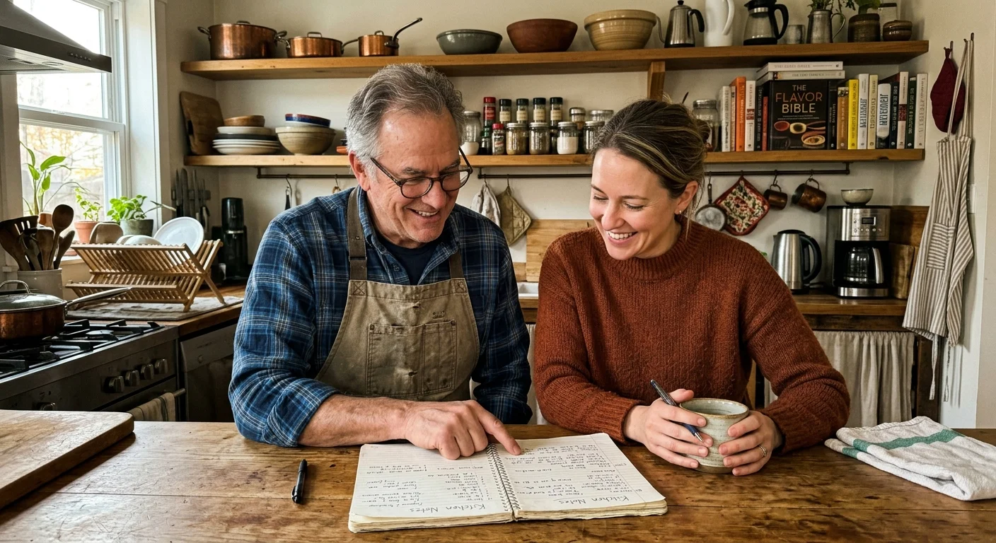 A candid photograph of a chef in an apron and a woman in a sweater discussing a handwritten meal planner at a rustic kitchen counter.