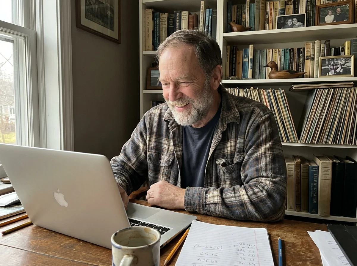 A candid photograph of a senior man at his home desk, looking at his laptop with a warm expression of relief.