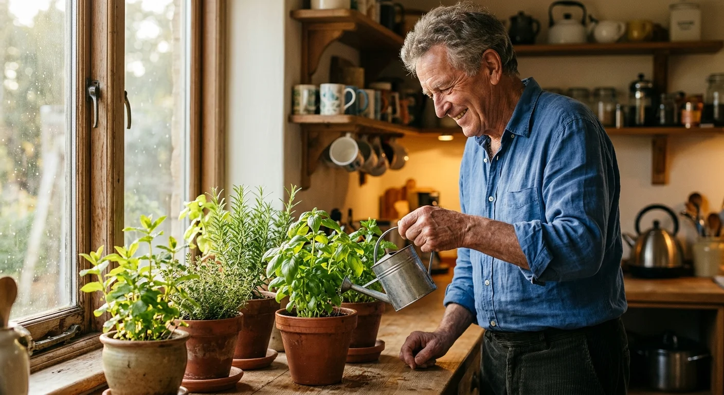 A candid photograph of a senior man smiling while tending to fresh green potted herbs on a sunny kitchen windowsill.