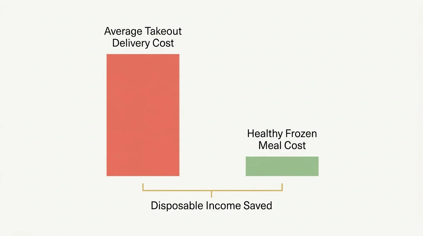 A clean editorial bar chart comparing the high cost of takeout delivery with the affordable cost of healthy frozen meals.
