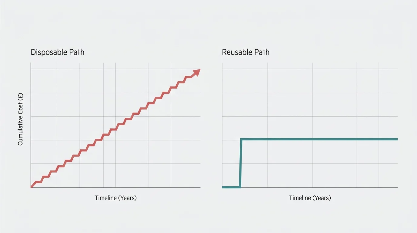 A clean financial line graph comparing the cumulative cost of disposable goods versus reusable alternatives.