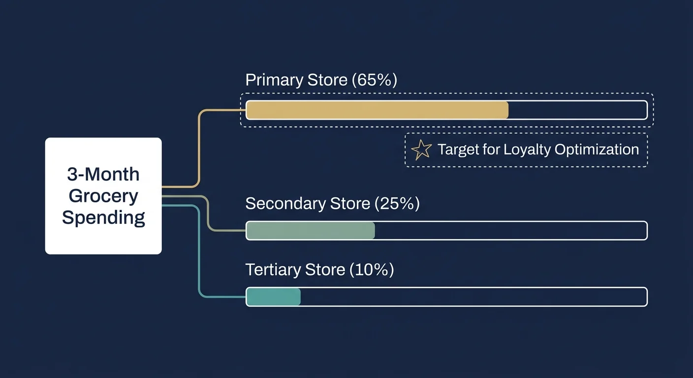 A clean horizontal flowchart detailing a 3-month grocery spending audit split into primary, secondary, and tertiary stores.