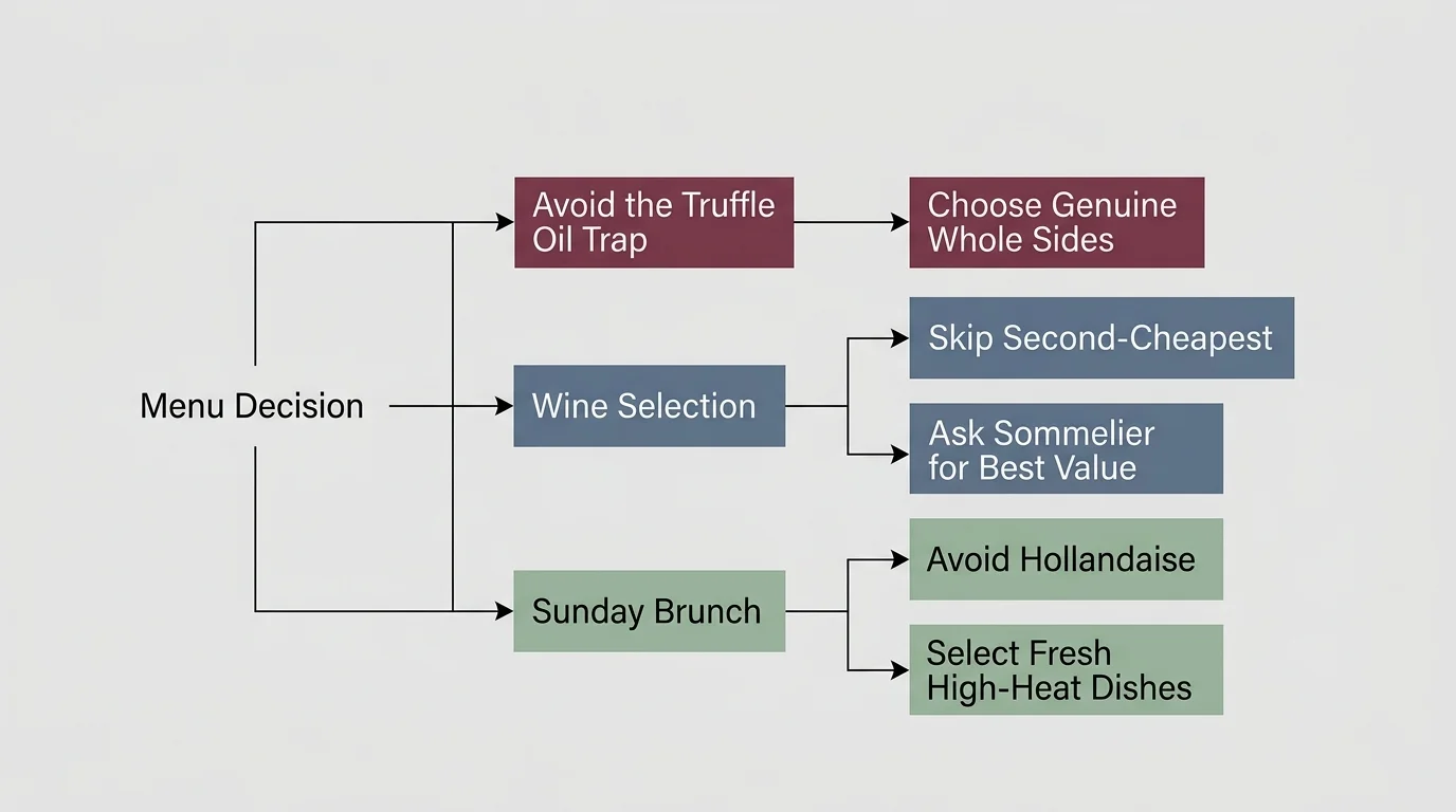 A clean, horizontal flowchart detailing smart menu decisions: skipping truffle oil, avoiding Sunday hollandaise, and dodging cheap wine.