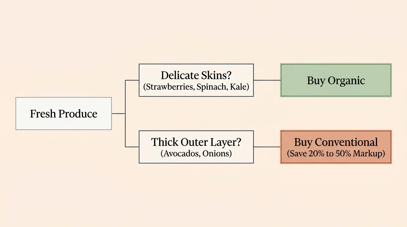 A clean horizontal flowchart guiding shoppers to buy organic for delicate-skinned produce and conventional for thick-skinned items.