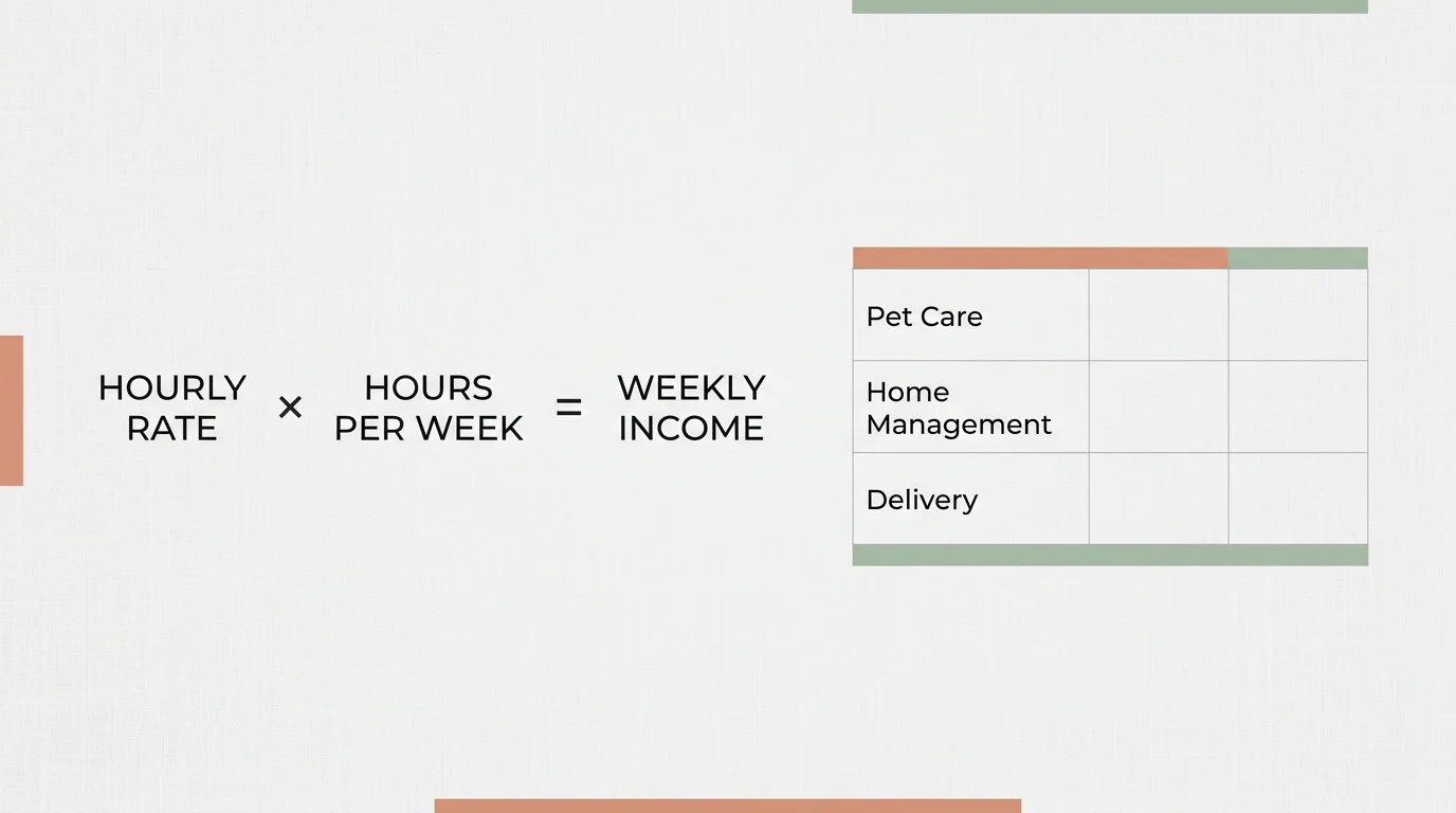 A clean, minimal infographic worksheet showing a simple side-income calculation formula and side-hustle categories.