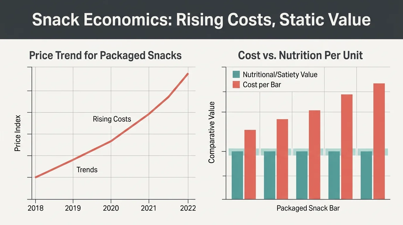 A clean, minimalist editorial chart illustrating rising snack prices contrasted against flat nutritional value.
