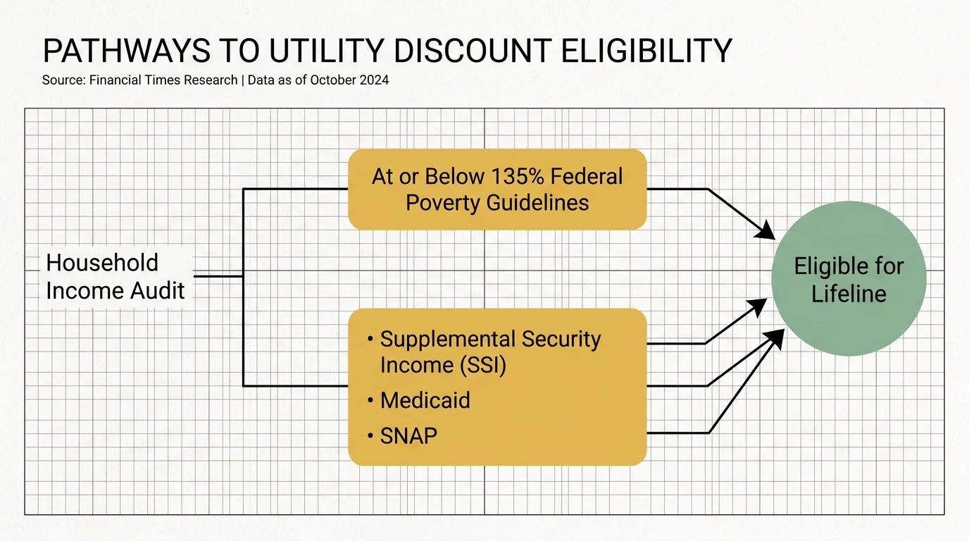 A clean, minimalist flowchart detailing eligibility criteria for senior utility discounts, including the 135% income threshold.