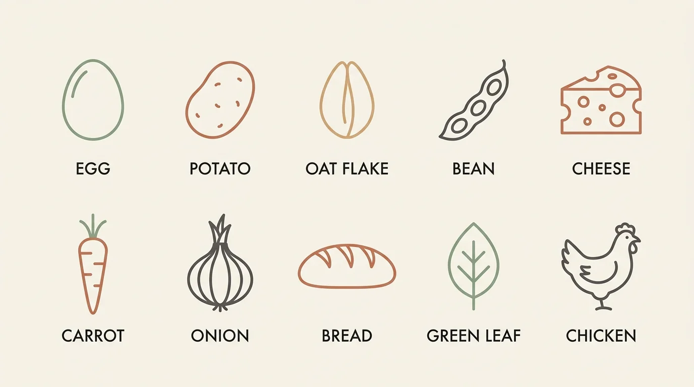 A clean, modern 2x5 grid diagram featuring minimalist line icons of ten basic grocery staples with simple text labels.