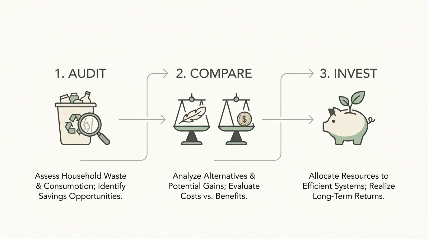A clean three-step flowchart showing the process of auditing, comparing, and investing in reusable goods.