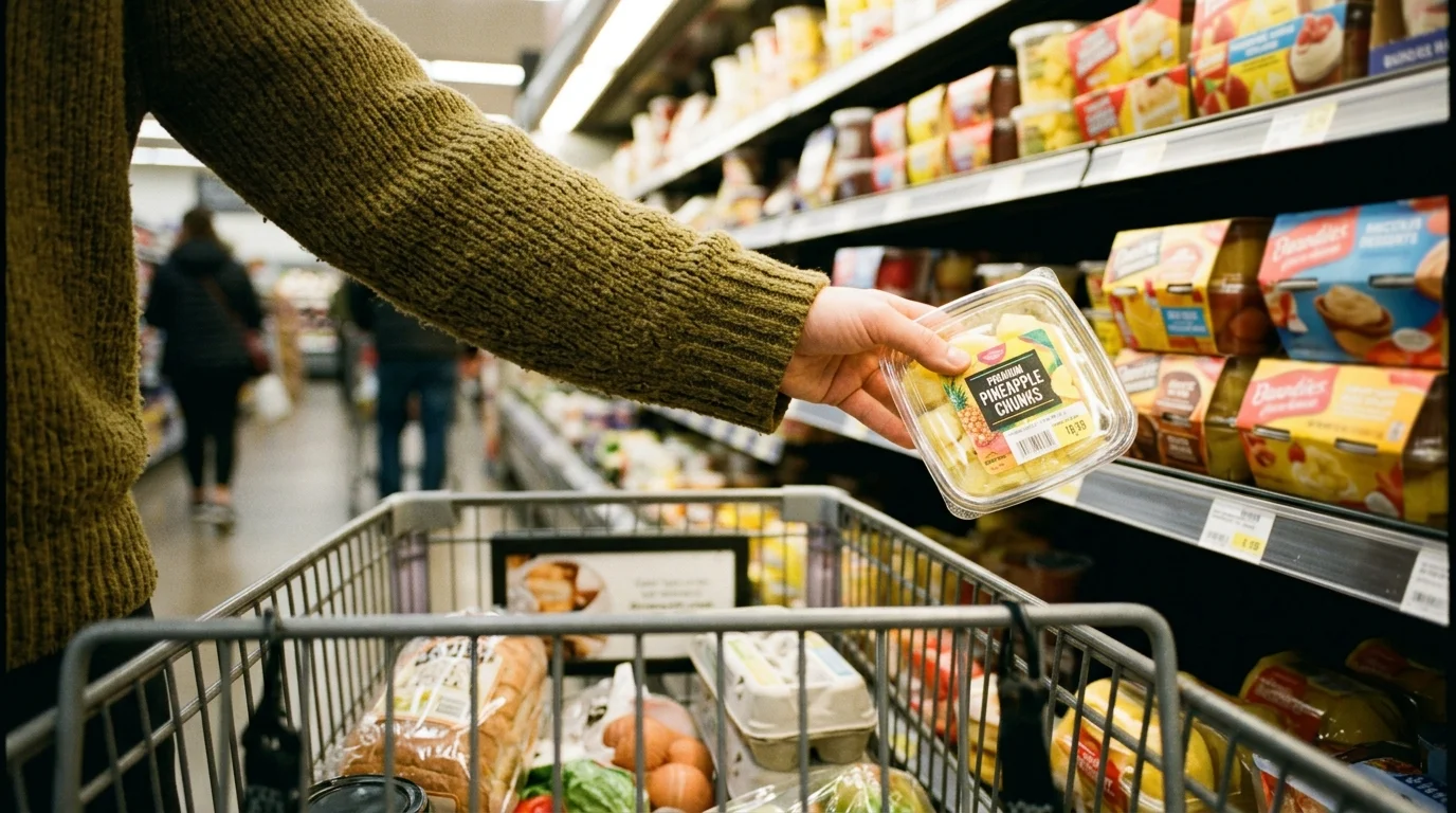 A close-up 35mm film photo of a person's hand putting an expensive pre-cut fruit container back on a supermarket shelf.