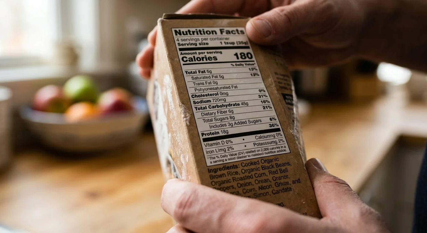 A close-up photo of a person reading the nutrition label on the back of a frozen food box in a home kitchen.
