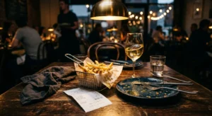 A close-up photograph of a half-eaten plate of fries and a glass of wine on a dark wood restaurant table with a crumpled receipt.