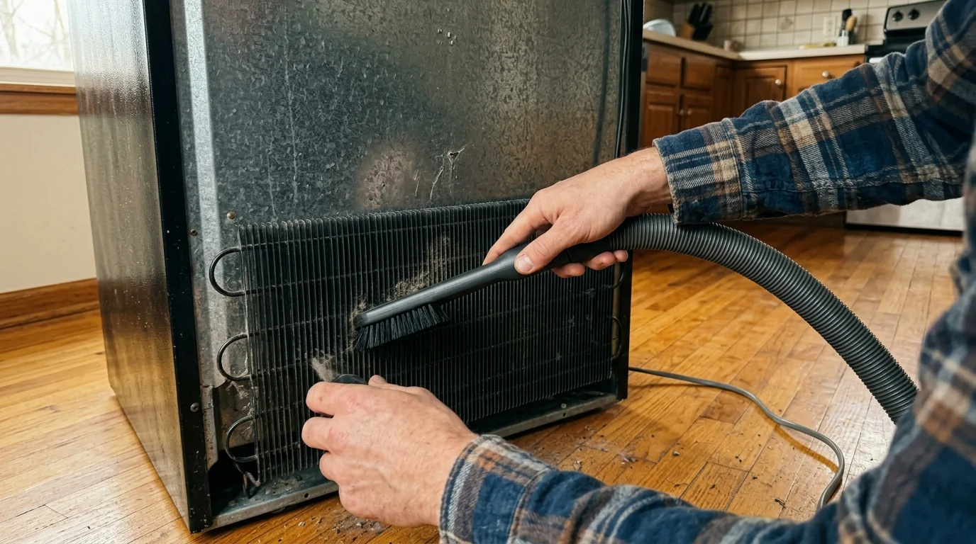 A close-up photograph of a person vacuuming dusty coils on the back of a refrigerator during a home energy audit.