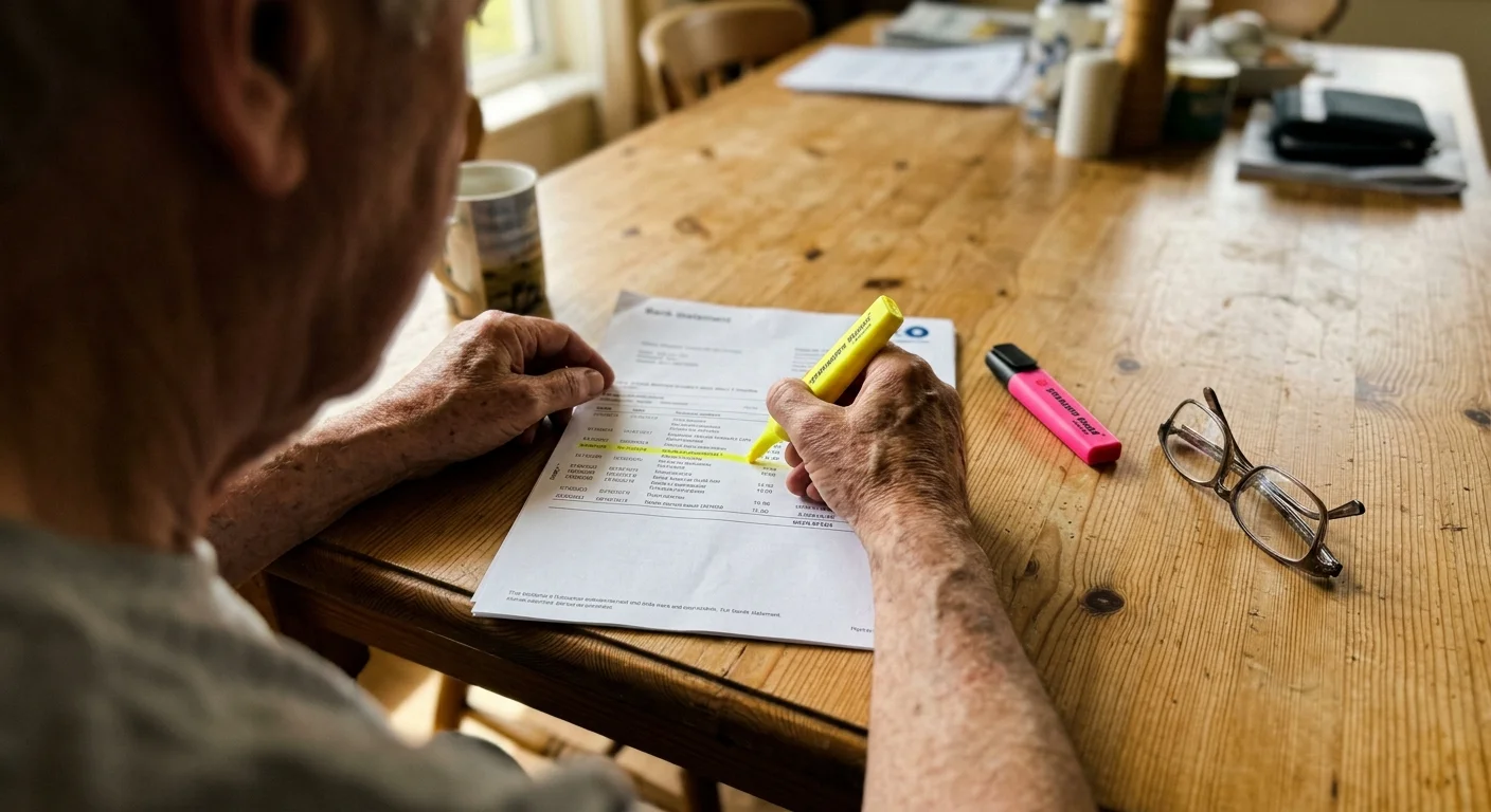A close-up photograph of a senior's hands using a yellow highlighter to audit a physical bank statement on a wooden table.