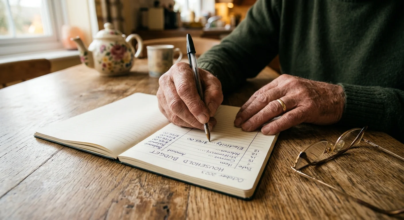 A close-up photograph of an elderly man's hands writing in a paper budget planner on a rustic wooden table with reading glasses nearby.