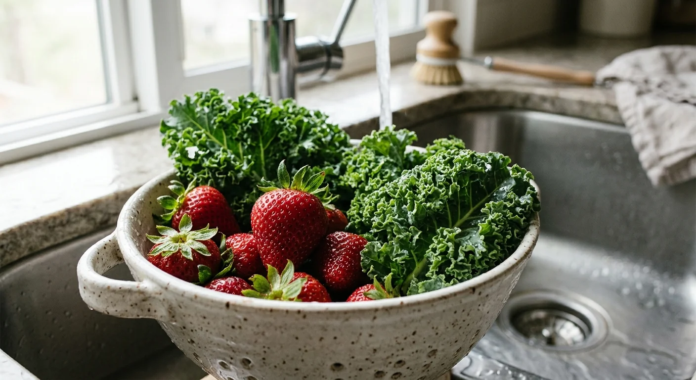 A close-up photograph of fresh organic strawberries and kale glistening with water droplets in a ceramic colander.