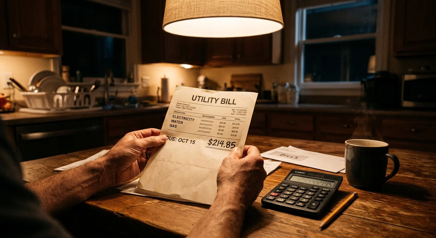 A close-up photograph of hands holding a utility bill at a kitchen table under warm light, with a calculator and coffee mug nearby.