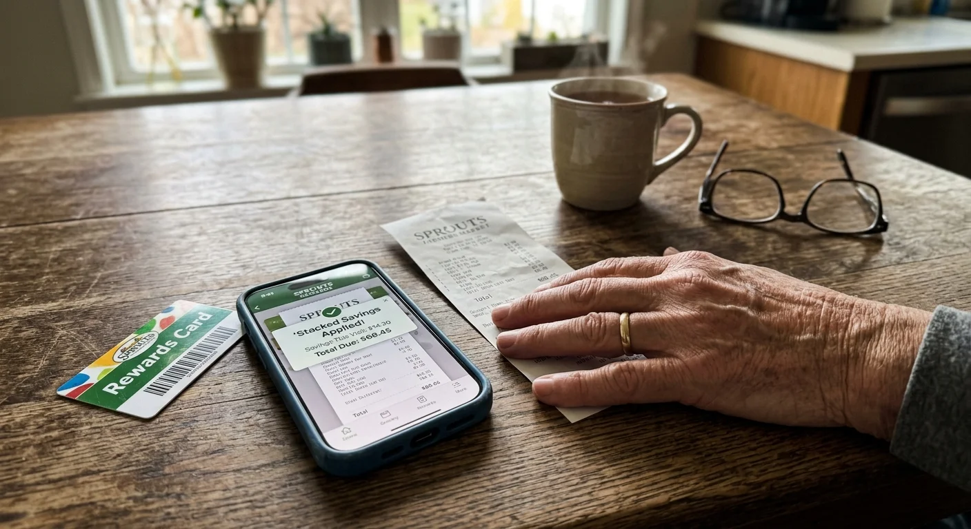A close-up shot of an older person's hand on a kitchen table next to a grocery receipt, loyalty card, and smartphone showing savings.