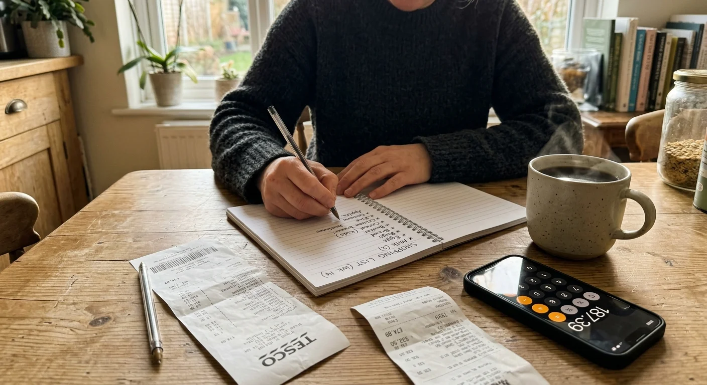 A close-up snapshot of a person planning their weekly grocery budget with receipts, a notepad, and a coffee mug on a wooden table.
