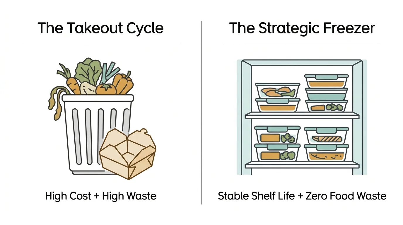 A comparative infographic showing the high cost and waste of the takeout cycle versus the savings and zero waste of a frozen meal strategy.