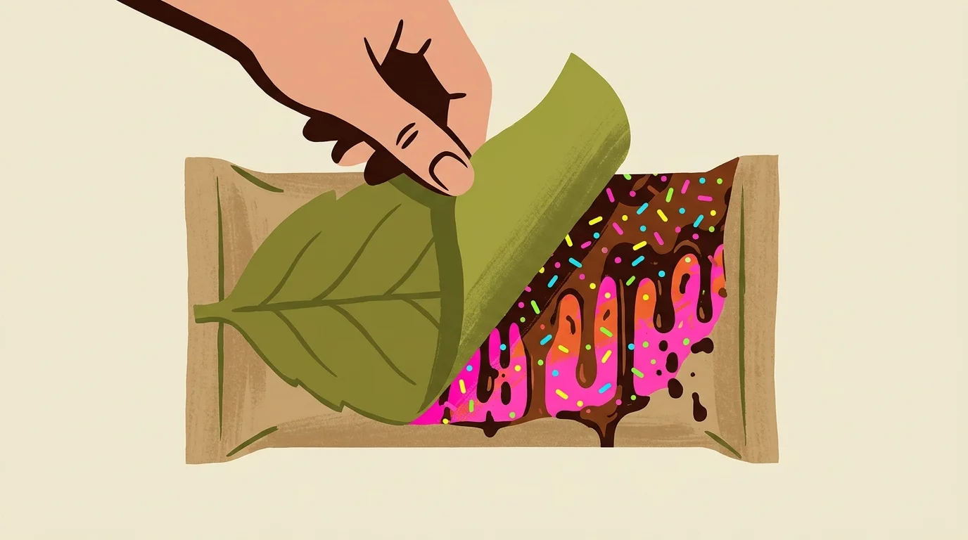A conceptual illustration showing a natural green wrapper being peeled back to reveal a sugary candy bar inside.