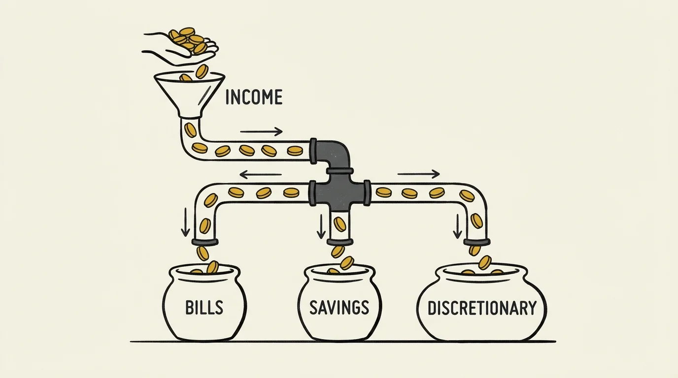 A conceptual vector illustration of coins flowing smoothly into three ceramic pots labeled Bills, Savings, and Discretionary.