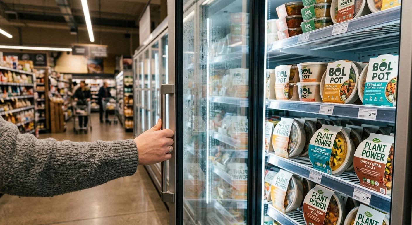 A first-person view of a shopper's hand reaching into a grocery store freezer shelf stocked with modern, healthy frozen meals.