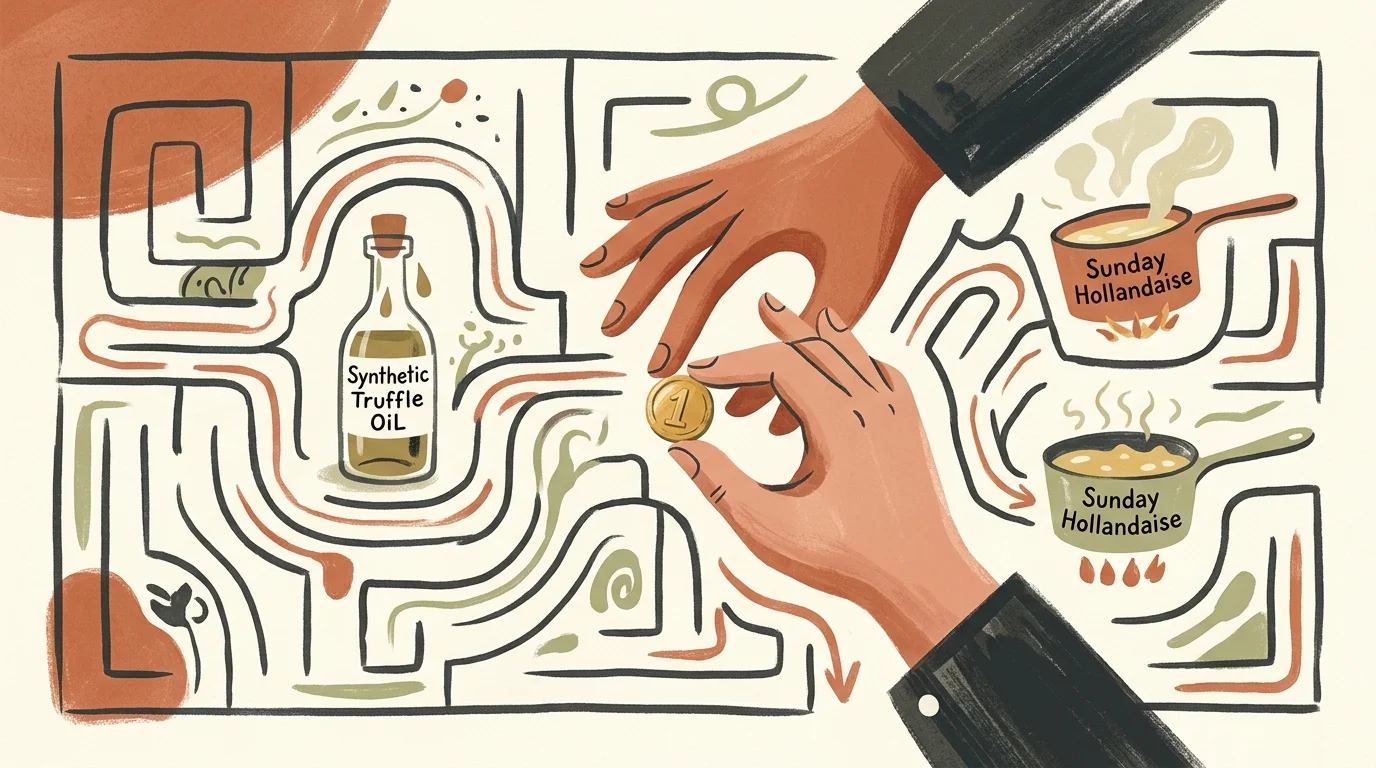 A gouache illustration of a hand guiding a gold coin through a menu-shaped maze, dodging a bottle of truffle oil and a pot of hollandaise.