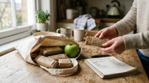 A hand examines a granola bar on a kitchen table next to a grocery bag and a handwritten budget notepad in soft morning light.