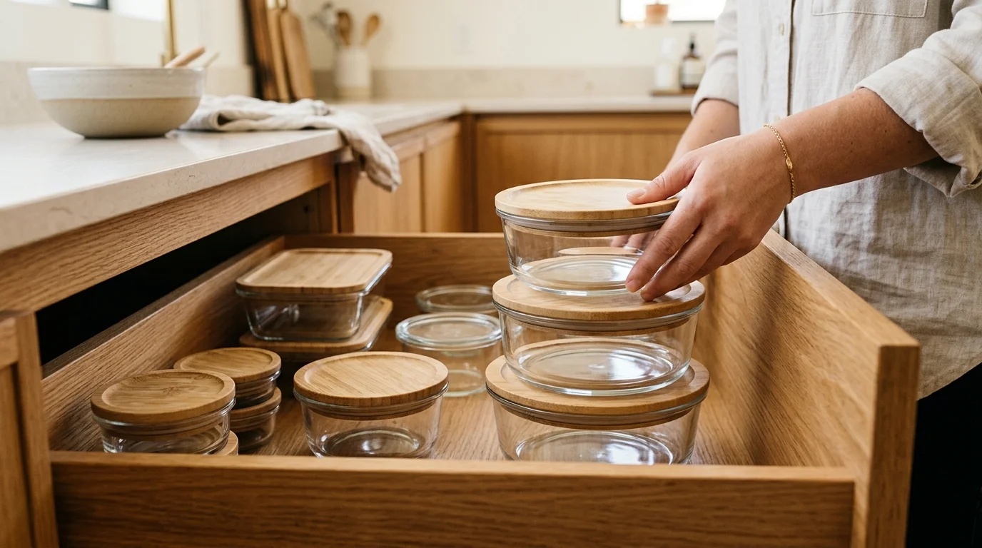 A hand organizing nested glass storage containers with bamboo lids inside a kitchen drawer.