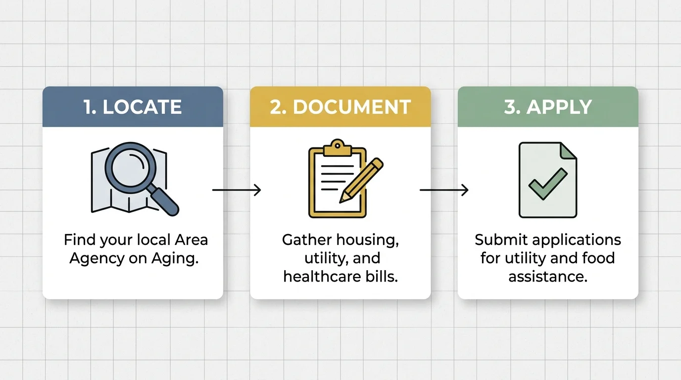 A horizontal 3-step infographic showing the process of locating an agency, documenting expenses, and submitting applications.