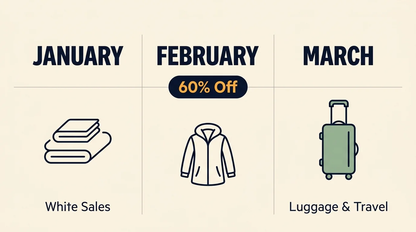 A horizontal quarterly calendar infographic showing January White Sales, February winter clothing markdowns up to 60% off, and March luggage