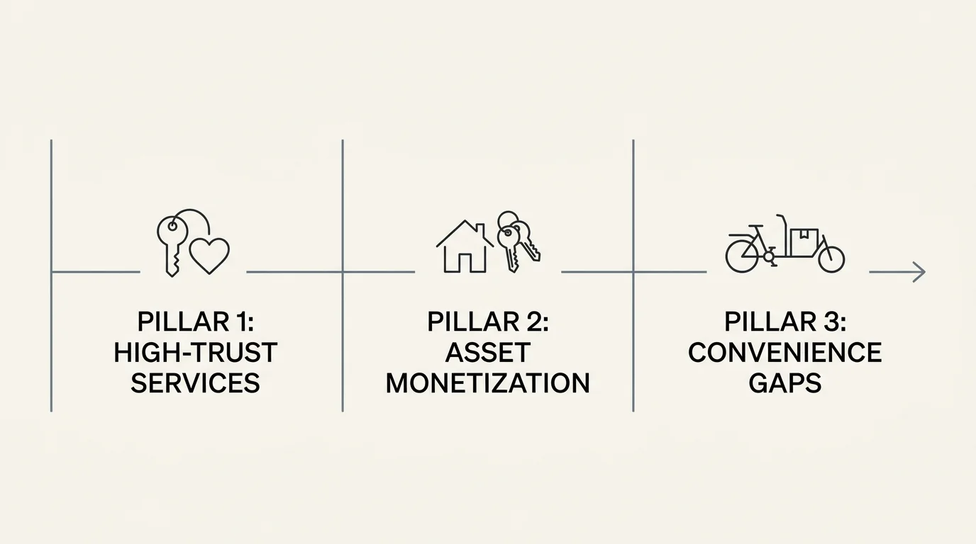 A horizontal three-column diagram illustrating the strategy pillars: High-Trust Services, Asset Monetization, and Convenience Gaps.