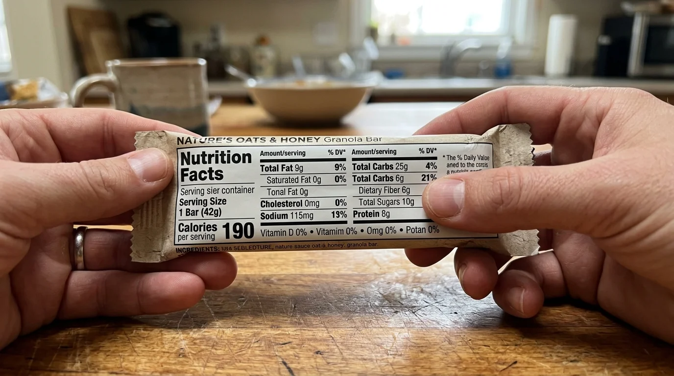 A macro photograph of hands holding a granola bar packaging, focusing on the nutrition facts label in a kitchen setting.