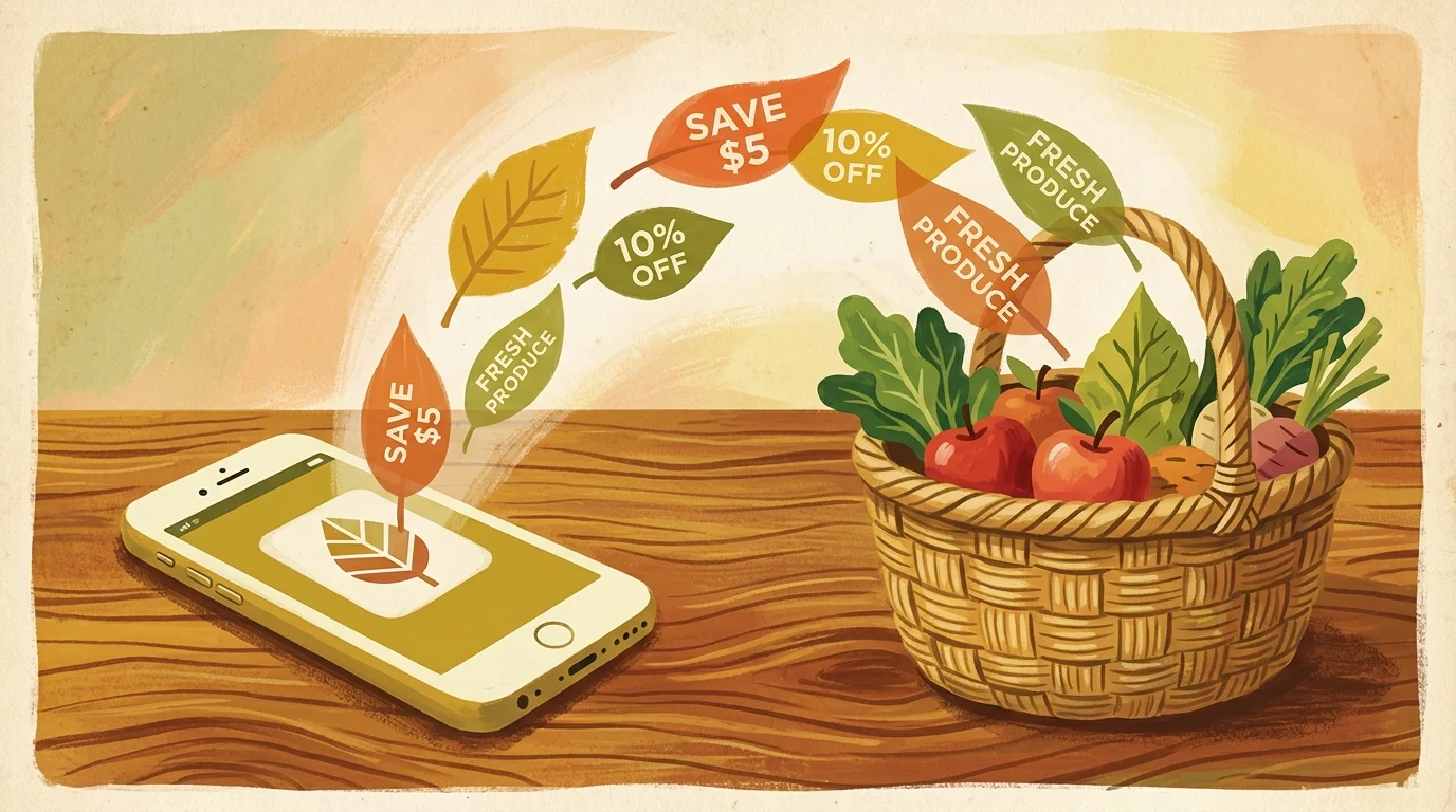 A mid-century gouache illustration of digital coupons gently floating from a smartphone into a grocery basket.
