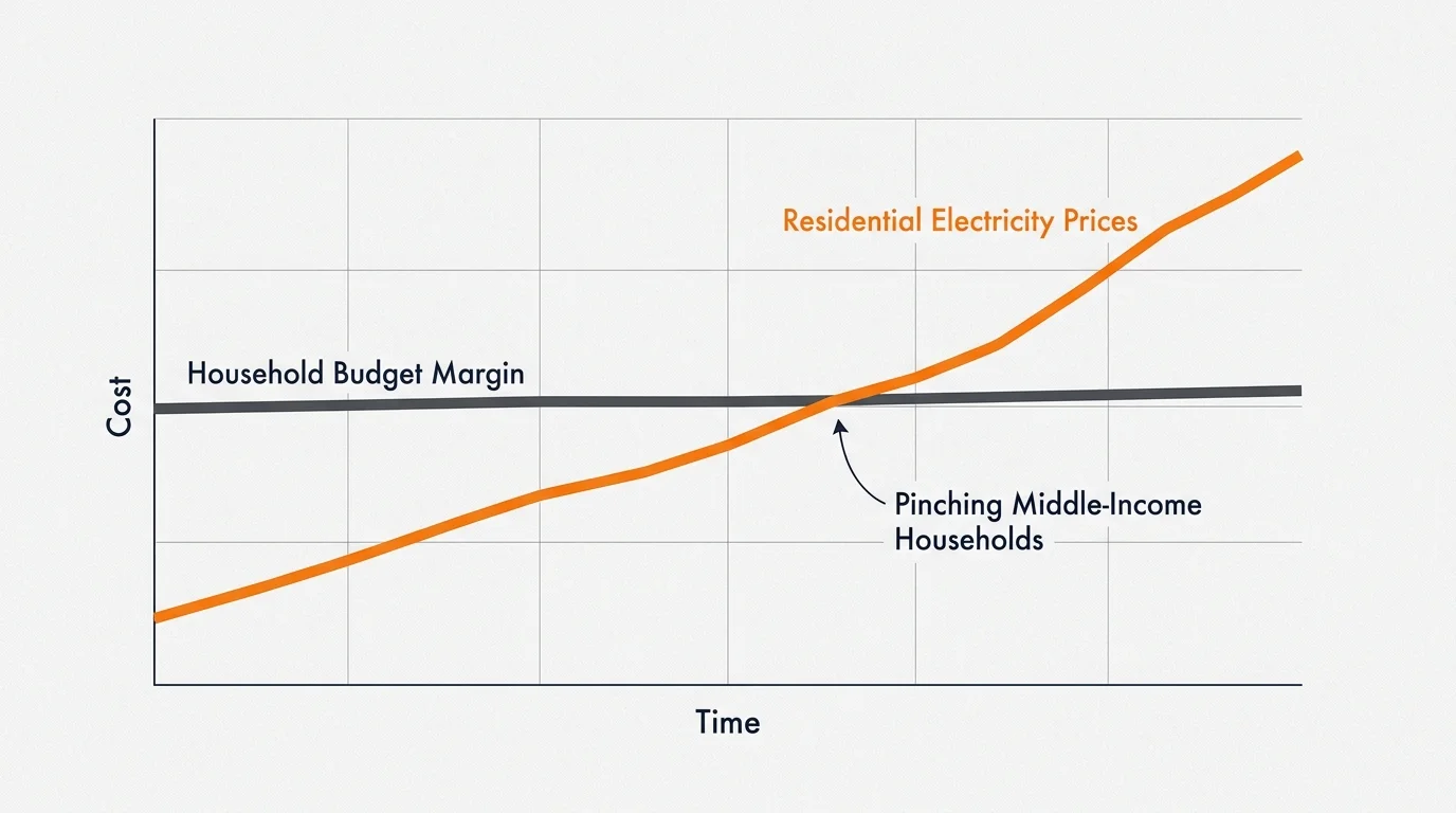 A minimalist chart plotting rising residential electricity prices against flat household budget margins.