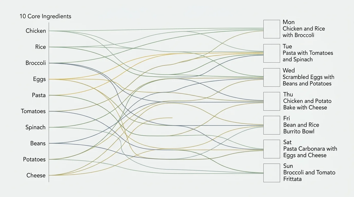 A minimalist horizontal flowchart diagram showing how ten ingredients branch out and combine to create seven days of meals.